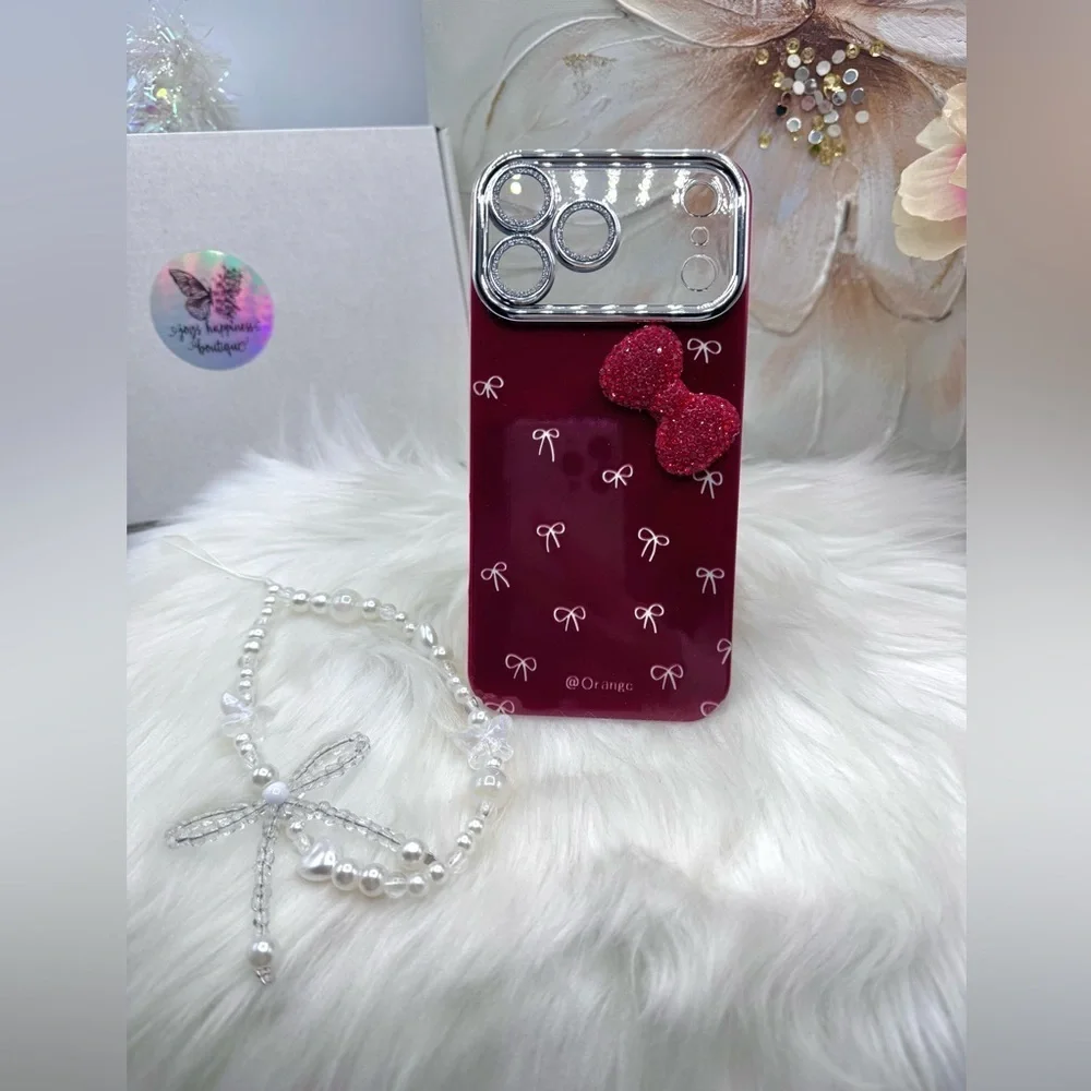 Chic iPhone 17 Pro Max Bow Theme Wine Case w/ bows design & matching bead charm